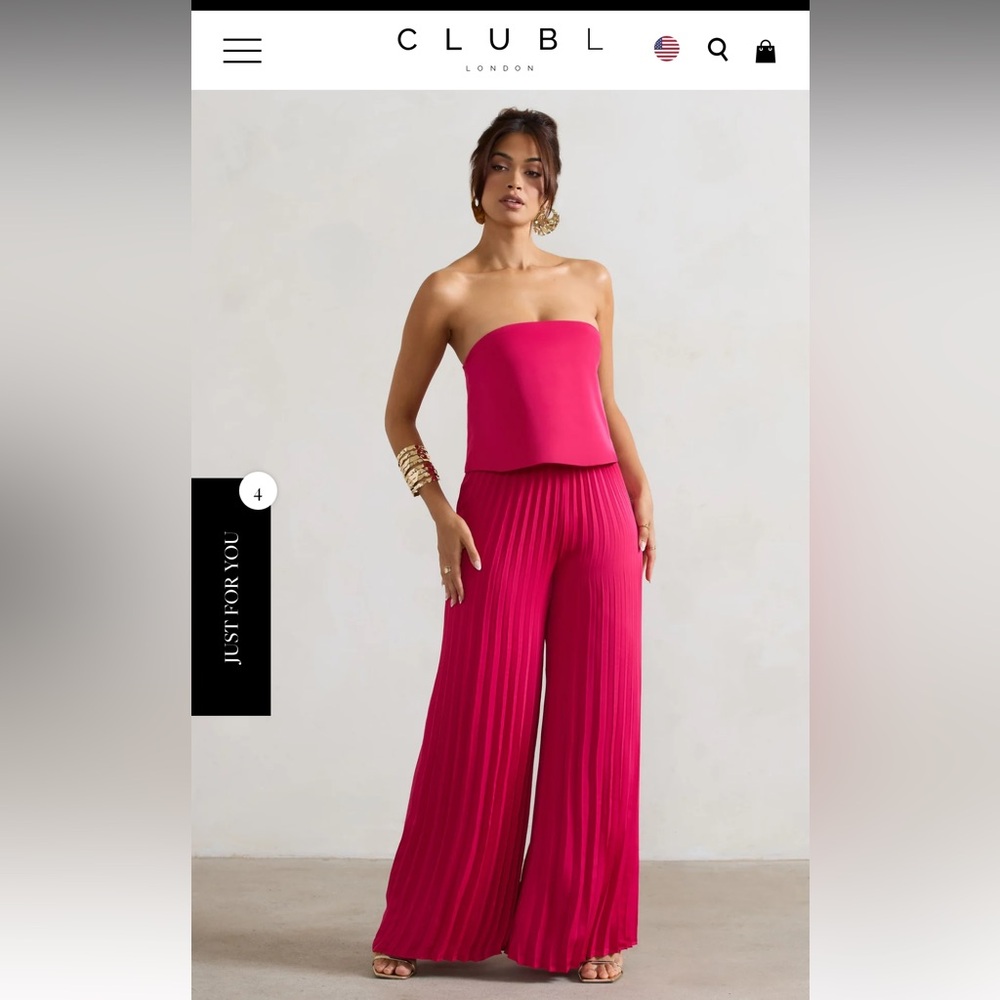 Club L London Tammi Dark Pink Satin Strapless Plisse Wide-Leg Jumpsuit